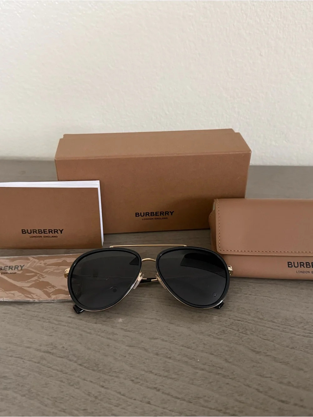 Burberry Black Lens Aviator Sunglasses with Gold Frame